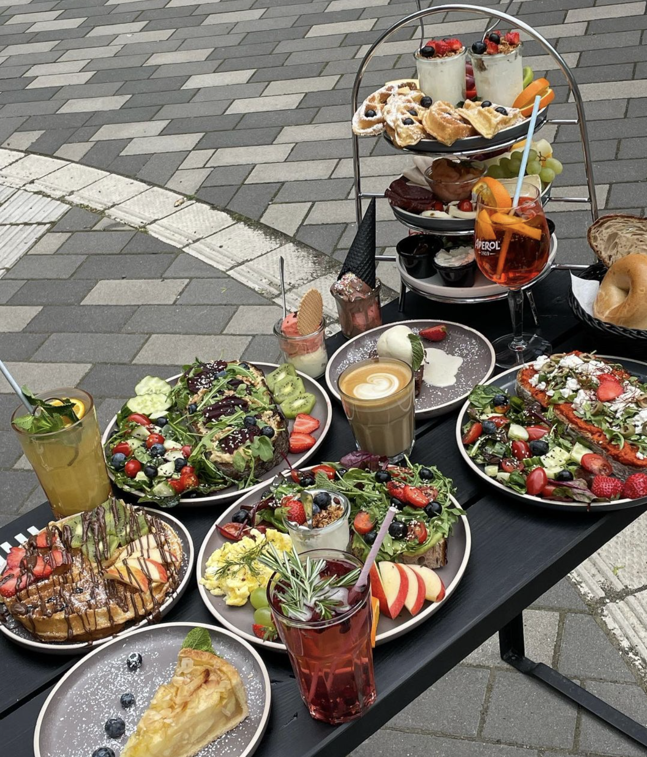 Frühstück mit Waffeln und Obst und Kuchen in Hamburg