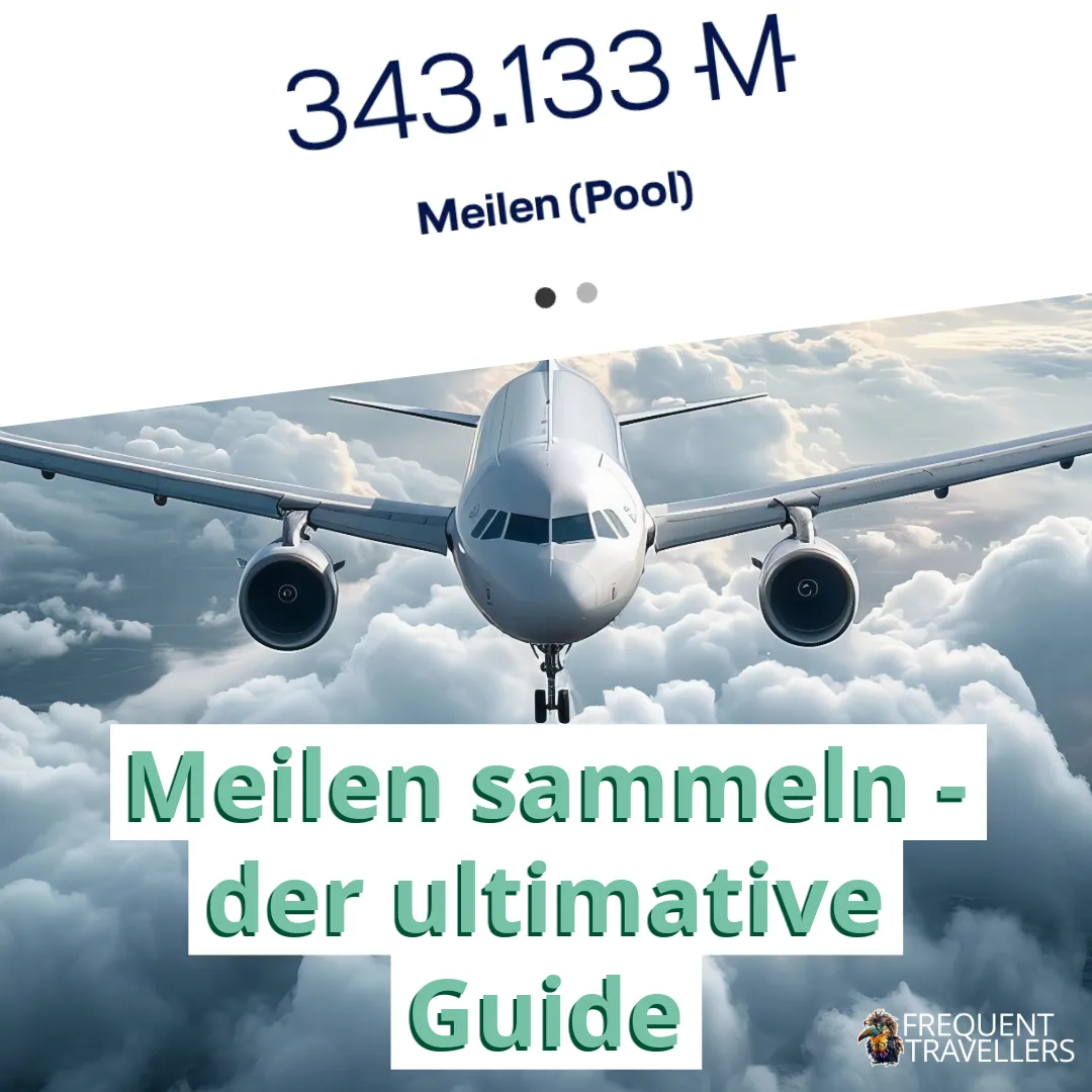 Meilen sammeln der ultimative Guide Überschrift, Flugzeug das gerade aus auf einen zufliegt und Miles and More Meilen