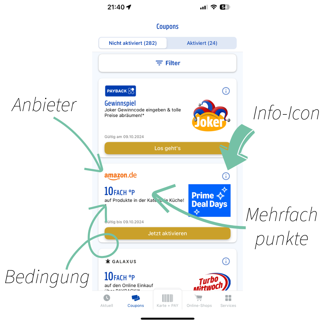 Payback Coupons in App Ansicht mit Erkläung